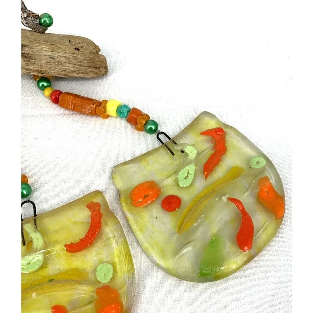 Fused Glass Wind Chime Driftwood Handcrafted Yellow Orange Yard Porch Decor 14